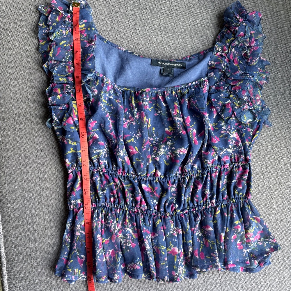 French Connection Gretha Blue Floral Ruffle Top - Picture 7 of 7